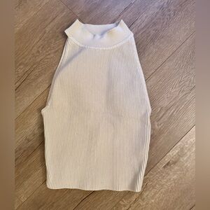 Babaton Aritzia Beige Gray Ribbed Sculpt Knit Top. Mock neck Halter. Size XS.